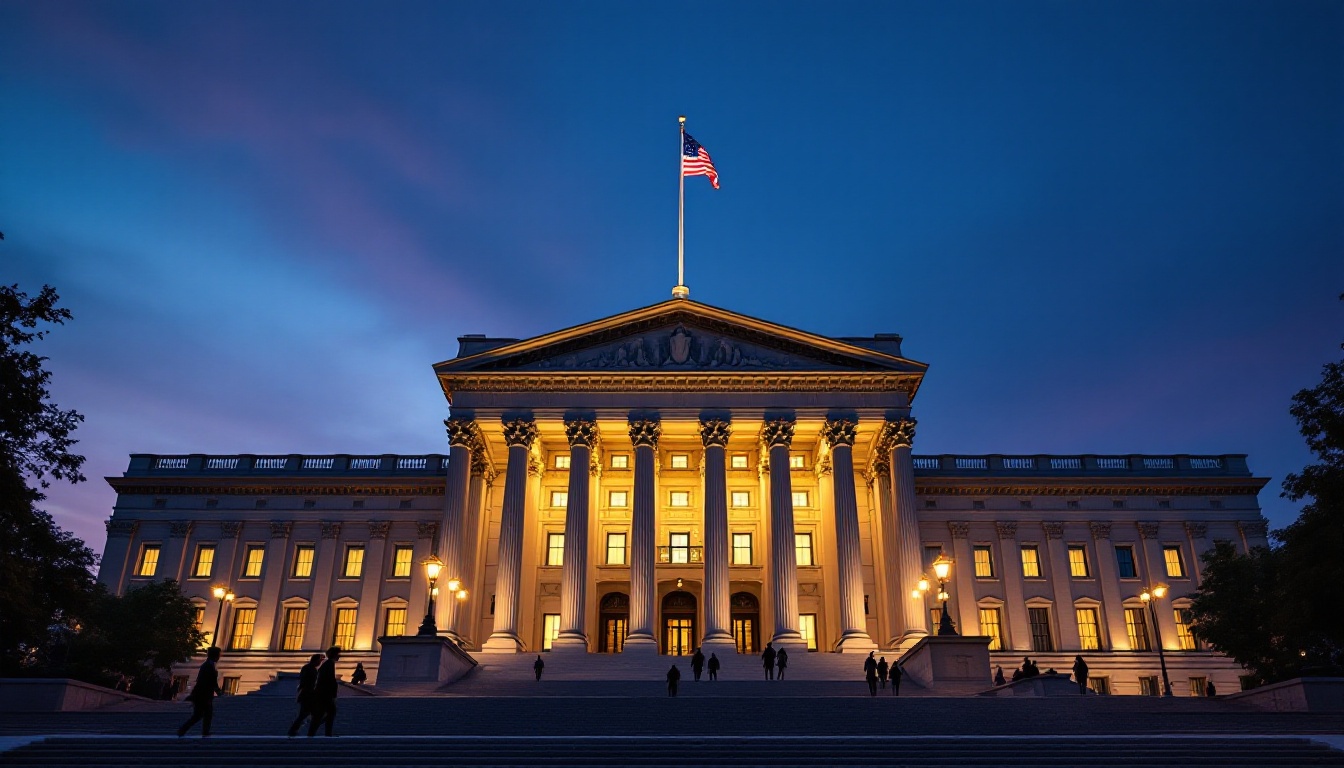 The neoclassical facade of a US government building at dusk, lit warmly against a deep blue twilight sky with silhouetted figures on the steps