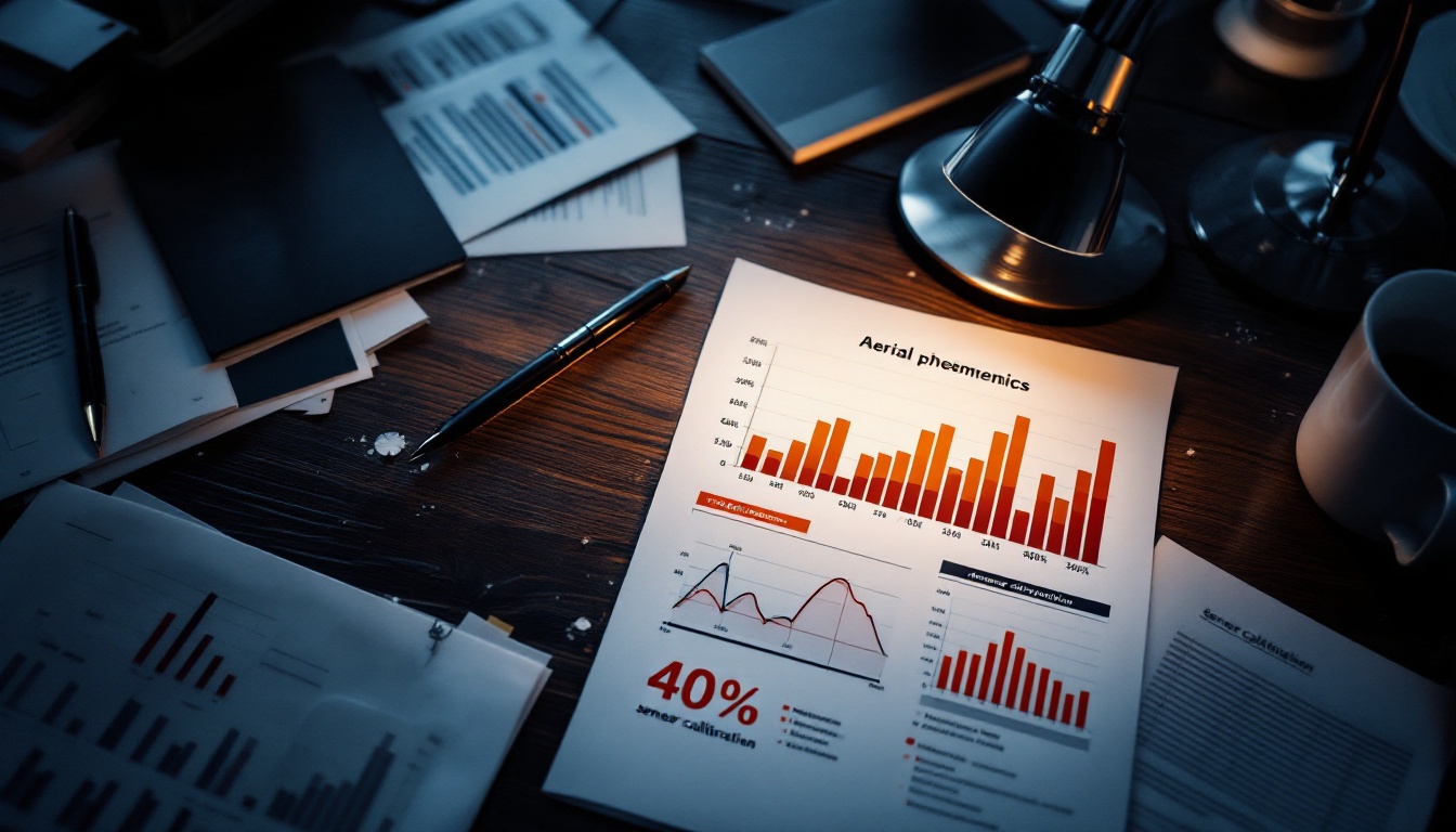 Research documents on a desk showing aerial phenomena statistics with 40 percent highlighted, sensor calibration diagrams, and analysis papers